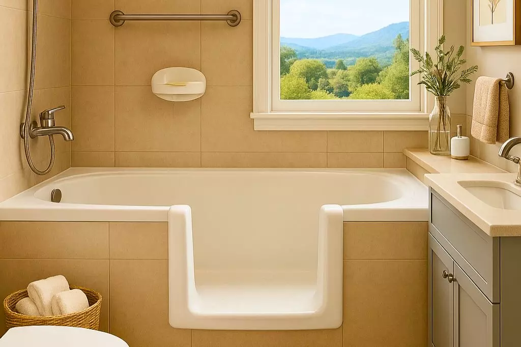 Baño moderno con rebaje de tina y decoración neutra